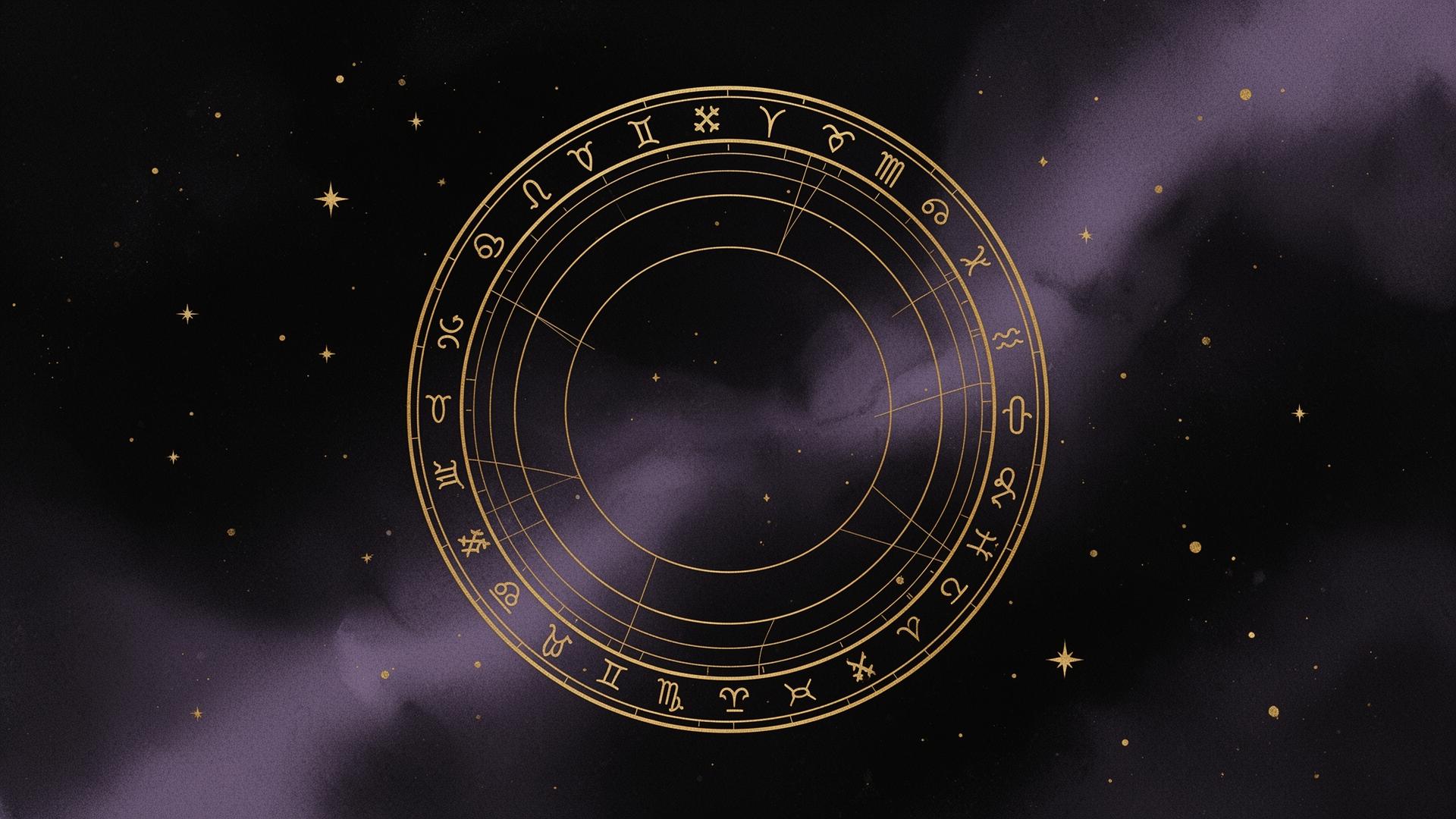 An antique gold astrolabe wheel inscribed with zodiac glyphs, set against a dark cosmic background.