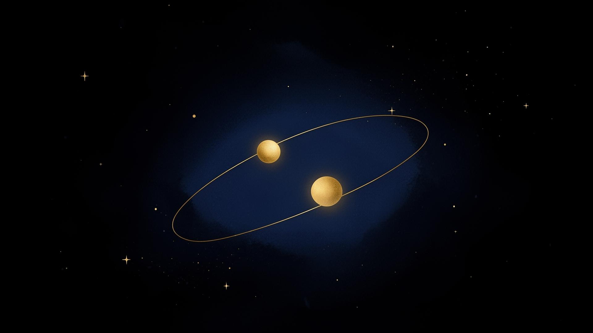 Two luminous gold orbs orbiting each other against a deep indigo cosmic field.