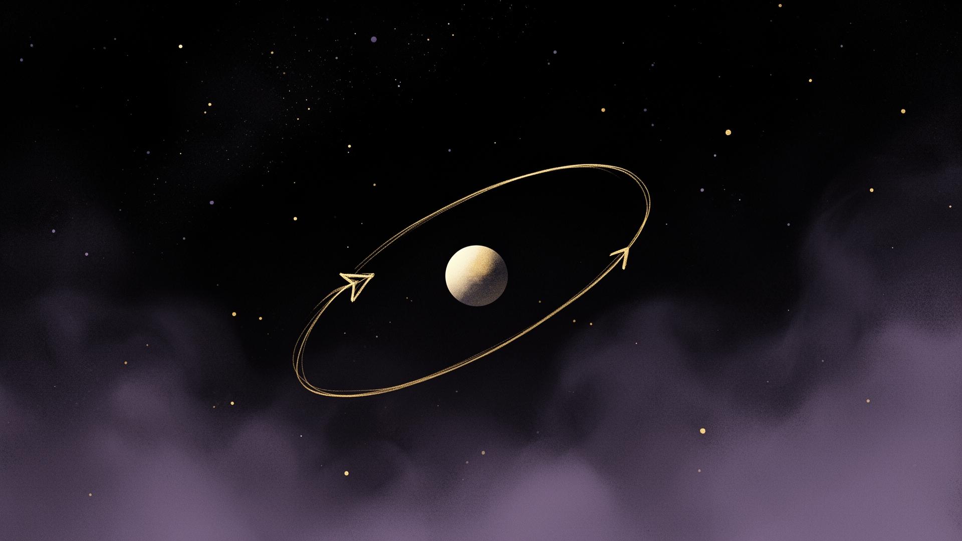 A small pale planet caught in a backwards-arrow orbit trail against a starry sky.