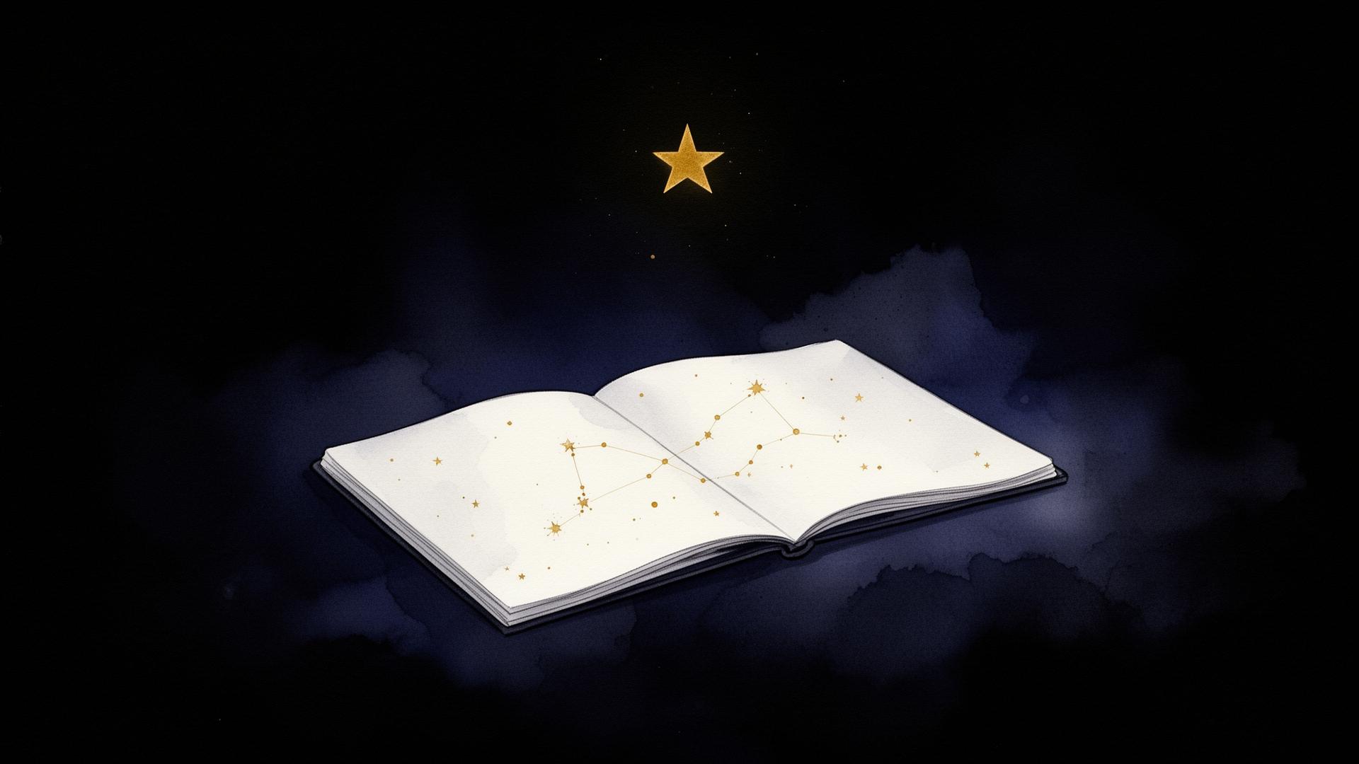 An open journal under a single gold star with a constellation drawn across the page.