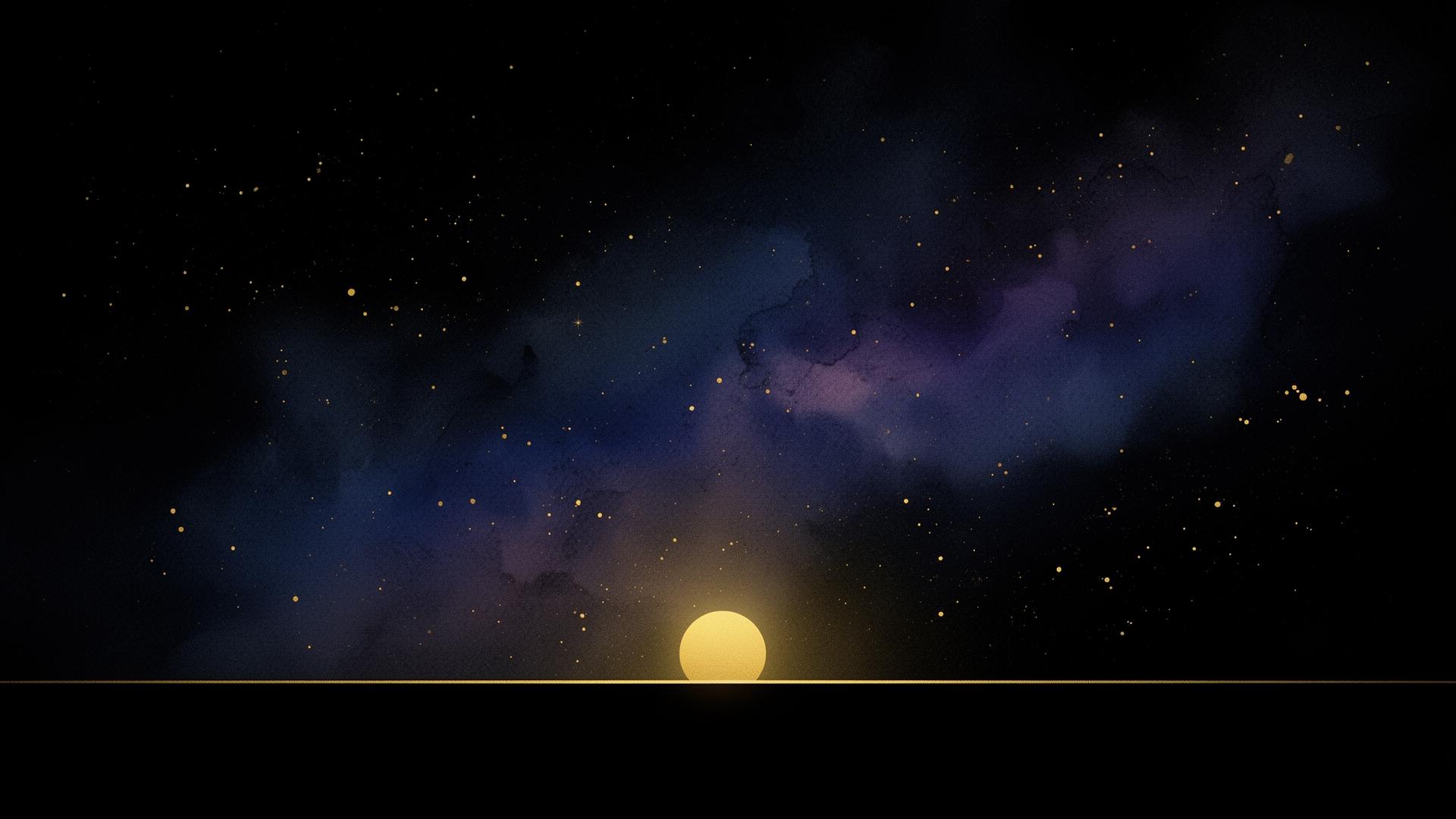 A luminous gold sun rising over a thin horizon against a dark indigo cosmic sky.