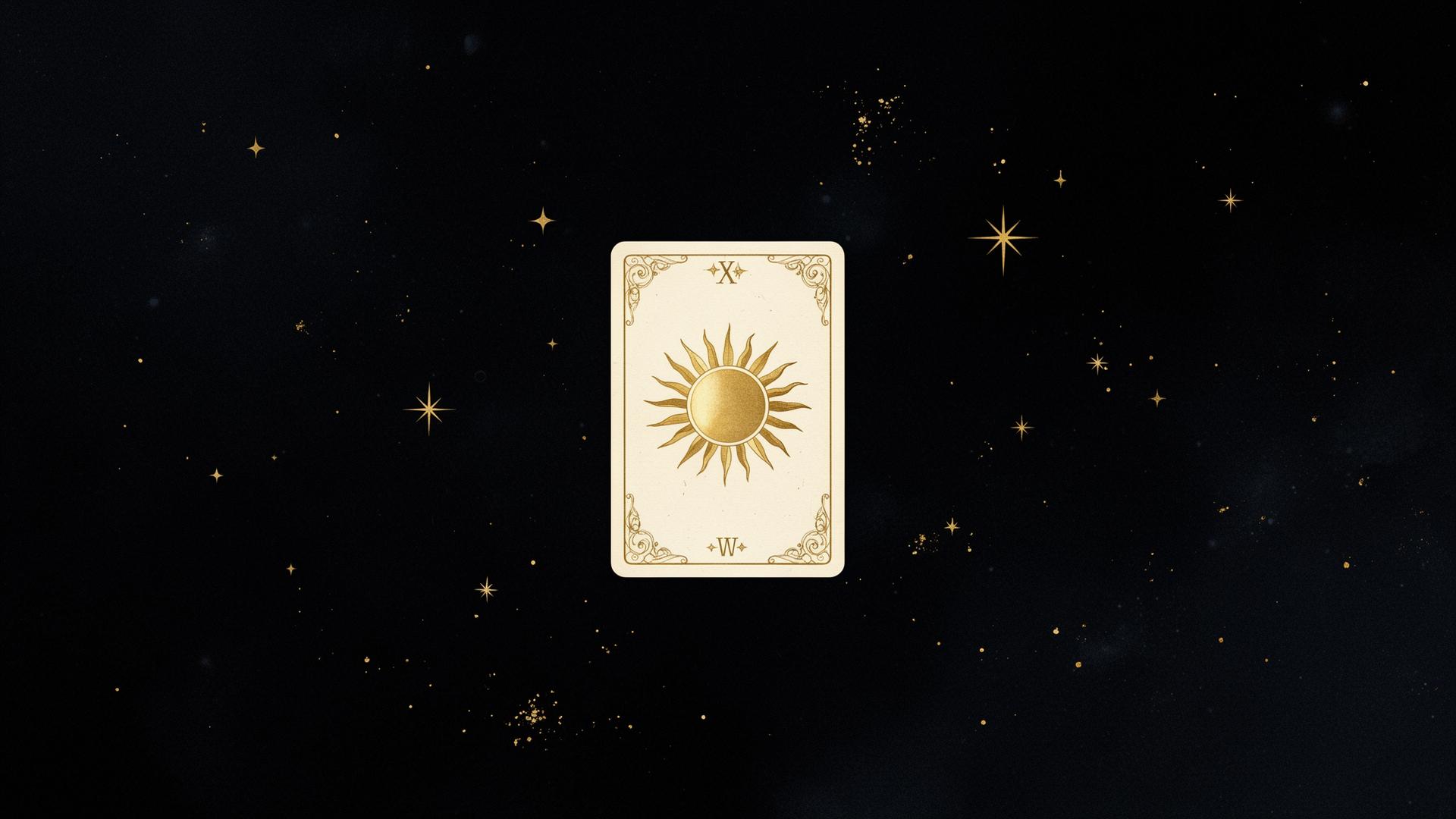 A gold and ivory tarot card with a sun motif floating against a starlit dark background.